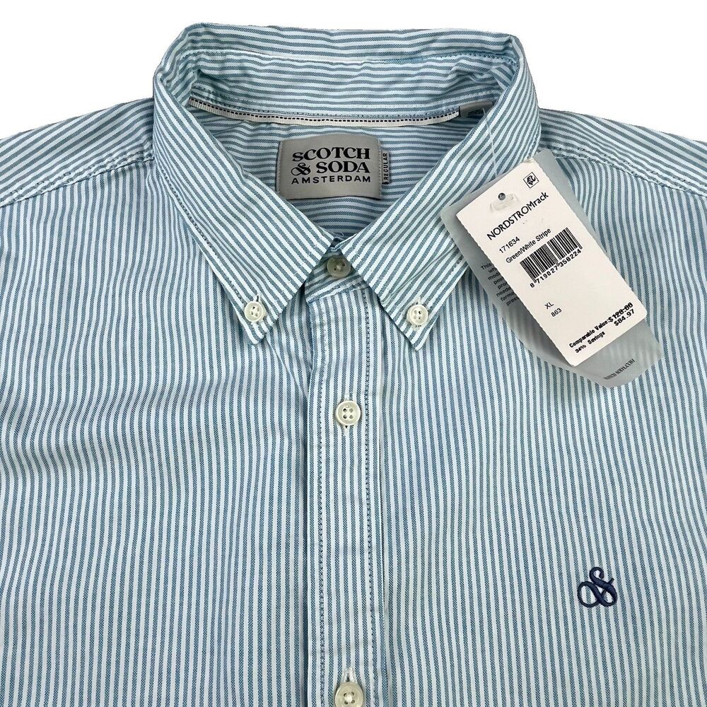 Scotch & Soda Shirt Men’s XL Green White Stripe Oxford Cotton Button Down OCBD